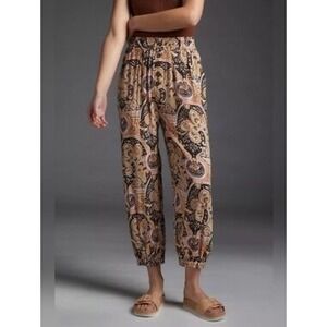 Anthropologie Paisley Boho Harem Pants Smocked Waist Joggers Orange Black‎ Large